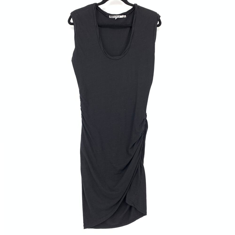 Pam & Gela Ruched Side Bodycon Dress Womens Size Large Black Scoop Neck